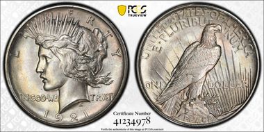 1921 $1 High Relief, Peace MS62