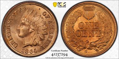 1864 1C L on Ribbon MS66+ RD