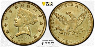 1861 $10 Clark, Gruber & Co. MS60