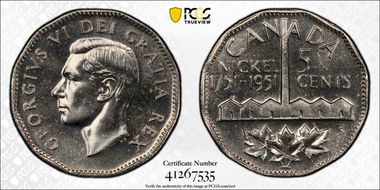 1951 5C Nickel Bicentennial MS65