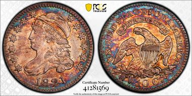 1821 10C JR-1, Large Date AU55