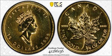 1999 $10 Maple Leaf/Au 20 Years ANS Privy MS68