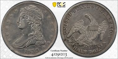 1839 50C Capped Bust N1