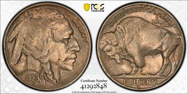 1929-S 5C 2 Feathers FS-401 AU58