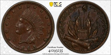 1863 Token F-82/352Aa, Crossed Cannons AU58RB