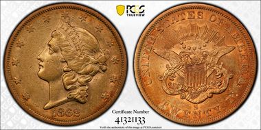 1862-S $20 AU50