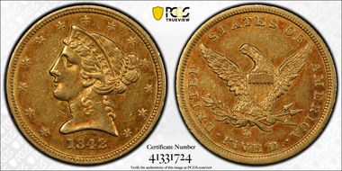 1842-D $5 Small Date AU50