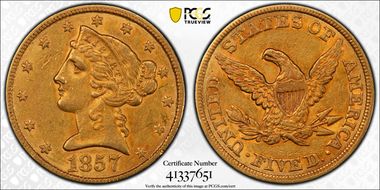 1857 $5 AU55