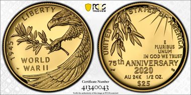 2020-W $25 End of World War II 75th Anniv. PR70DCAM
