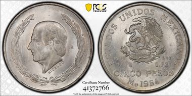 1954-Mo 5 Peso Hidalgo KM-467  Ag MS64