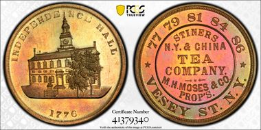 (1876) Token NY-NY 302, Brass Stiners Tea Company MS65