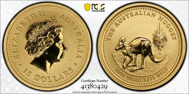 2005 $15 Kangaroo-Nugget 1/10oz Au MS70