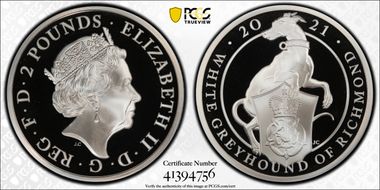 2021 £2 White Greyhound of Richmond Queen's Beasts Ag PR69DCAM