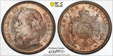 1870-A 5 Fr Gad-739 Napoléon III F-331 MS66