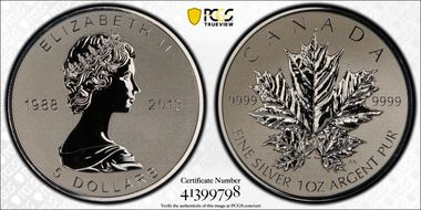 2013 $5 Maple Leaf/Ag Rev Proof 25th Anniversary PR70