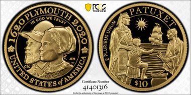 2020-W $10 Mayflower 400th Anniversary U.S Gold Proof Set First Strike PR70DCAM