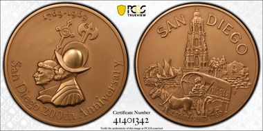 1969-P Medal D1969-1c1 Bronze 76mm San Diego Anniversary SP67