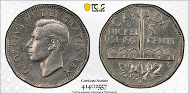 1951 5C Nickel Bicentennial AU58