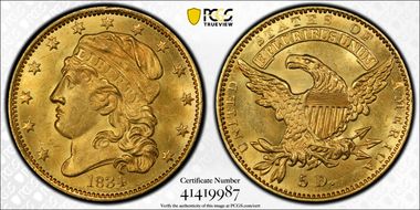 1834 $5 BD-2, Capped Bust MS64+ 