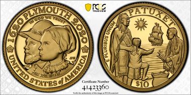 2020-W $10 Mayflower 400th Anniversary U.S. Gold Proof Set PR69DCAM