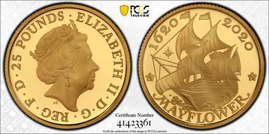 2020 £25 Mayflower 400th Anniversary U.S Gold Proof Set PR69DCAM