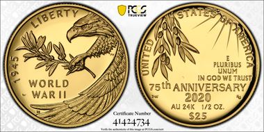 2020-W $25 End of World War II 75th Anniv.  First Strike PR69DCAM