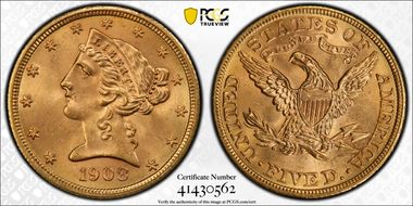 1908 $5 Liberty MS66
