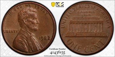 1982 1C Bronze, Large Date AU58BN