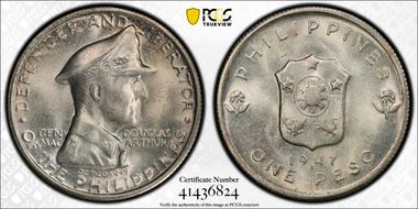 1947-S Peso Douglas MacArthur KM-185  Ag MS66