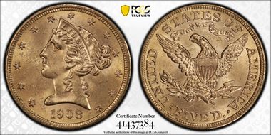1908 $5 Liberty MS64