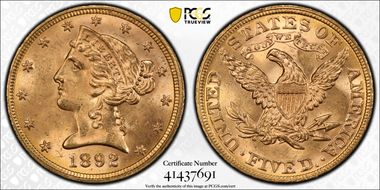 1892 $5 MS64+