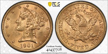 1901 $5 MS64+ 