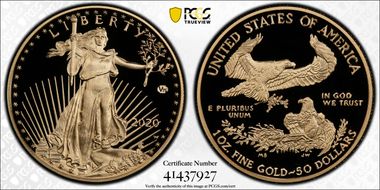 2020-W $50 Gold Eagle - v75 Privy 1 of 1945 Struck PR70DCAM