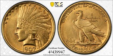 1907 $10 Indian AU58