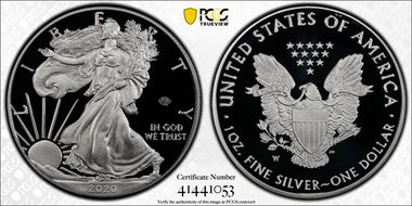 2020-W  $1 Silver Eagle - v75 Privy First Strike PR70DCAM