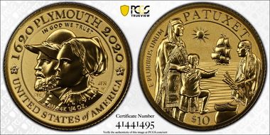 2020-W $10 Mayflower 400th Anniversary Reverse Proof First Strike PR70