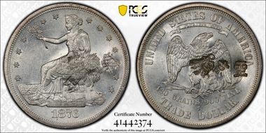 1876-S T$1 Type-I/I, Chopmarked MS61