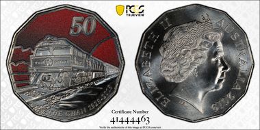 2019 50C 90 Ann. of Ghan Colorized MS69