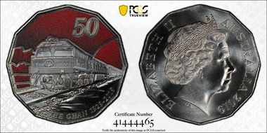 2019 50C 90 Ann. of Ghan Colorized MS69