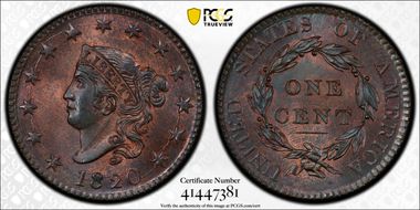 1820 1C N-13, Large Date MS65+ BN