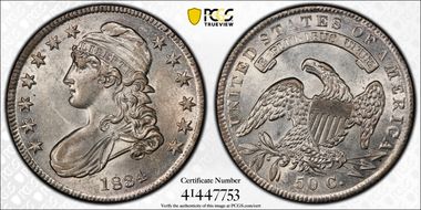 1834 50C Small Date, Small Letters AU58+