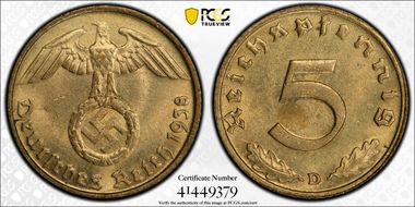 1938-D 5 Pfg J-363 MS65