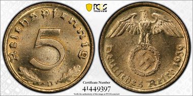 1939-D 5 Pfg J-363 MS64