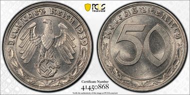 1939-E 50 Pfg J-365 Nickel MS63