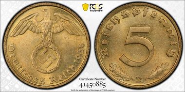 1938-D 5 Pfg J-363 MS65