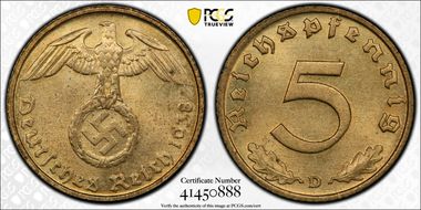 1938-D 5 Pfg J-363 MS65