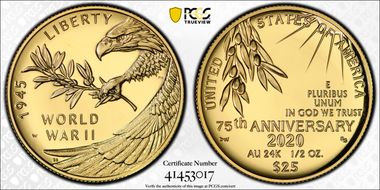 2020-W $25 End of World War II 75th Anniv.  First Strike PR69DCAM