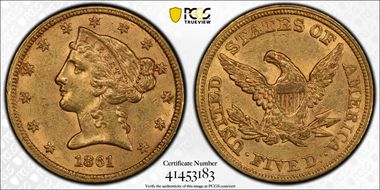 1861 $5 AU58
