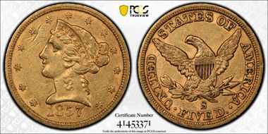 1857-S $5 AU50