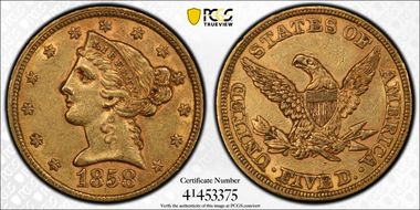 1858 $5 AU55+